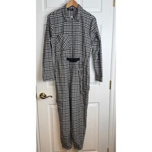 Bershka Black White Plaid Zip Front Utility Jumpsuit Belted M Citycore Modern
